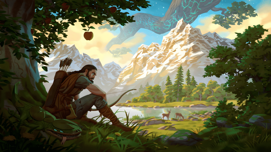 Viking diante de montanhas, floresta e um lago no mundo de Valheim